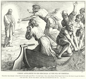 Chrystus ukazuje się swoim uczniom na Morzu Tyberiadzkim (rycina) autorstwa Julius (after) Schnorr von Carolsfeld
