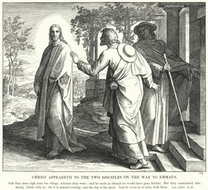 Chrystus ukazuje się dwóm uczniom w drodze do Emaus (rycina) autorstwa Julius (after) Schnorr von Carolsfeld