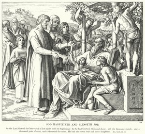Bóg wywyższa i błogosławi Hioba (rycina) autorstwa Julius (after) Schnorr von Carolsfeld
