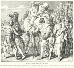 Ucieczka Jakuba z Padan-Aram (rycina) autorstwa Julius (after) Schnorr von Carolsfeld