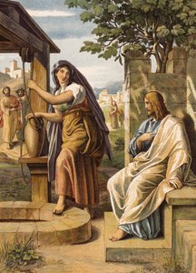 Jezus i kobieta z Samarii (kolorowa litografia) autorstwa Julius (after) Schnorr von Carolsfeld