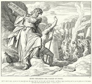 Mojżesz rozbija kamienne tablice (rycina) autorstwa Julius (after) Schnorr von Carolsfeld