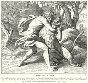 Samson zabija lwa (rycina) autorstwa Julius (after) Schnorr von Carolsfeld