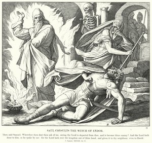 Saul konsultuje się z wiedźmą z Endor (rycina) autorstwa Julius (after) Schnorr von Carolsfeld