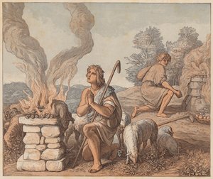 Ofiary Kaina i Abla, Księga Rodzaju, IV, 3, 4 (kolorowa rycina) autorstwa Julius (after) Schnorr von Carolsfeld