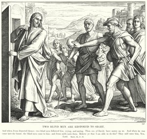 Dwóch niewidomych wraca do widzenia (rycina) autorstwa Julius (after) Schnorr von Carolsfeld