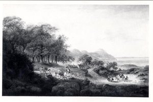 Daleki widok Anglesea (olej na płótnie) (druk czarno-biały) autorstwa Julius Caesar Ibbetson