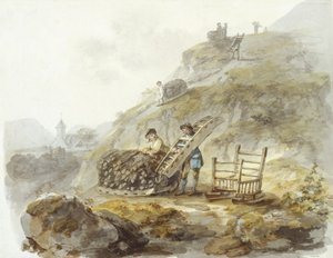 Metoda pozyskiwania torfu ze wzgórz w pobliżu Mallwyd, ok. 1792 (akwarela, tusz i ołówek na papierze) autorstwa Julius Caesar Ibbetson