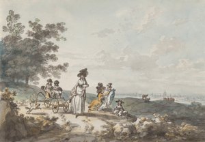 Widok Londynu z bazyliką św. Pawła w oddali: kobieta i dzieci z wózkiem dziecięcym, 1787 r. autorstwa Julius Caesar Ibbetson