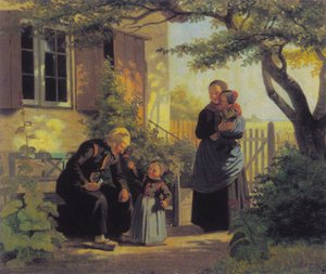 Mała dziewczynka pozwoliła staruszkowi powąchać kwiatek. autorstwa Julius Exner