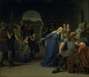 Duńska królowa Thyra Danebod próbuje zmiękczyć serce swojego męża Gorma Starego wobec niektórych chrześcijańskich jeńców