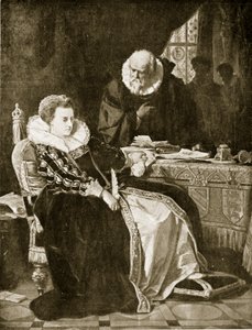 Elżbieta podpisuje nakaz śmierci Maryi, ilustracja z „Hutchinson