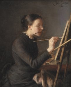 Malarka Agnes Paulsen, siostra artystki, przy jej sztalugach