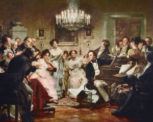 Franz Schubert (1797-1828) przy fortepianie podczas Wieczoru Schubertowskiego w wiedeńskim salonie - rycina wg Juliusa Schmida (1854-1935)