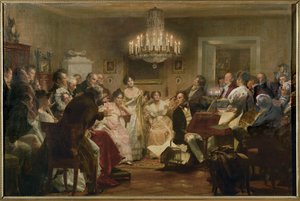 Schubert przy fortepianie podczas Wieczoru Schubertowskiego w wiedeńskim salonie... (obraz olejny) autorstwa Julius Schmid
