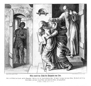 Elizeusz wskrzesza syna Szunamitki, 2 Królów autorstwa Julius Schnorr von Carolsfeld