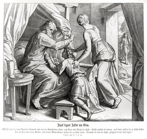Izaak błogosławi Jakuba w miejsce Ezawa, Księga Rodzaju autorstwa Julius Schnorr von Carolsfeld