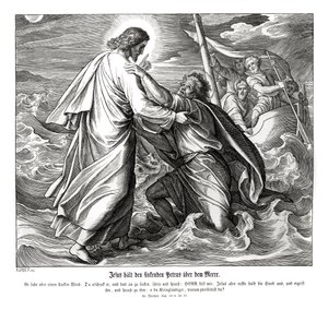 Jezus i Piotr chodzą po wodzie, Ewangelia Mateusza autorstwa Julius Schnorr von Carolsfeld