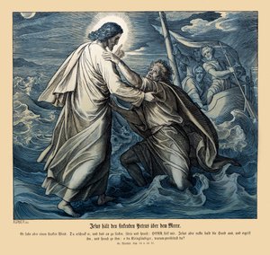 Jezus i Piotr chodzą po wodzie, Ewangelia Mateusza autorstwa Julius Schnorr von Carolsfeld