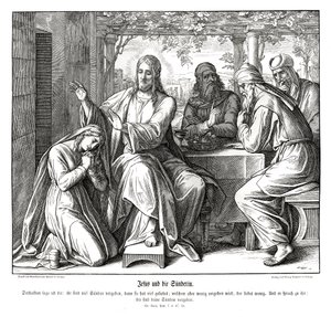 Jezus i grzeszna niewiasta, Ewangelia Łukasza autorstwa Julius Schnorr von Carolsfeld