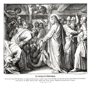 Jezus uzdrawia sparaliżowanego człowieka, Ewangelia Łukasza autorstwa Julius Schnorr von Carolsfeld