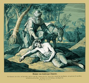 Przypowieść o dobrym Samarytaninie, Ewangelia Łukasza autorstwa Julius Schnorr von Carolsfeld