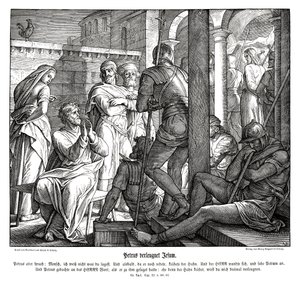 Piotr zapiera się Jezusa, Ewangelia Łukasza autorstwa Julius Schnorr von Carolsfeld