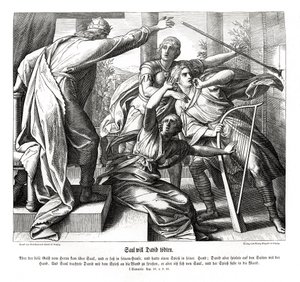 Saul próbuje zabić Dawida autorstwa Julius Schnorr von Carolsfeld