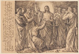 Jezus ukazuje się zgromadzonym uczniom. Pokój wam. Następnie mówi do Tomasza: ...? autorstwa Julius Schnorr von Carolsfeld