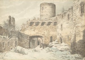 Zimowy widok na dziedziniec średniowiecznego zamku w ruinach, 1832 r. autorstwa Julius von Leypold