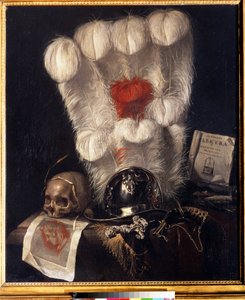 Szafka z czaszką otoczoną kłosem pszenicy, hełmem, sztyletem (lub mieczem), rogiem, piórami i kopią „Elektry” Sofoklesa. Obraz Jurlaena van Streecka (1632-1687). Olej na płótnie, 98 x 84 cm autorstwa Jurian van Streeck or Streek