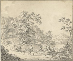 Krajobraz z łodzią, w której pasterz ze swoją trzodą autorstwa Jurriaan Andriessen (attributed to)