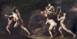 „La Carcasse: czarownica rysowana na szkielecie potwora”, XVII wiek autorstwa Jusepe de Ribera