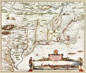 Mapa Novi Belgii obejmująca Nowy Jork, New Jersey i Pensylwanię autorstwa Justus Danckertsz