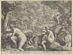 Kąpiące się kobiety i mężczyźni Amore Leteo Różne aspekty miłości (tytuł serii) autorstwa Justus Sadeler (attributed to)