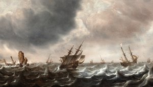 Żegluga na wzburzonych morzach z wielorybem na pierwszym planie autorstwa Justus de Verwer