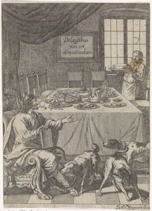 Zoilus siedzi przy nakrytym stole De Gustibus non est disputandum (tytuł na przedmiocie) autorstwa Justus van den Nijpoort