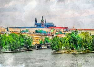 Historyczny widok na Pragę od strony rzeki autorstwa Justyna Jaszke