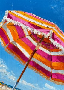 Różowo-pomarańczowy parasol plażowy