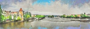 Szkic widoku miasta nad rzeką autorstwa Justyna Jaszke