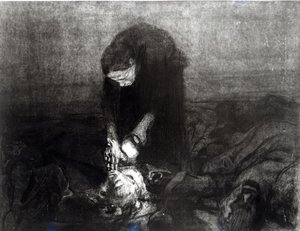 Po bitwie, z cyklu „Bunt chłopski”, 1907 (akwaforta, rycina i akwatinta) autorstwa Käthe Kollwitz
