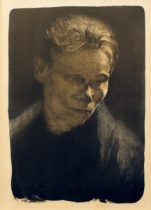 Połowa długości portret kobiety robotnicy z niebieskim suknem autorstwa Käthe Kollwitz