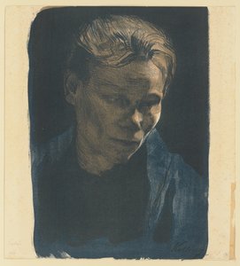 Portret do połowy postaci kobiety z klasy robotniczej w niebieskim szalu autorstwa Käthe Kollwitz