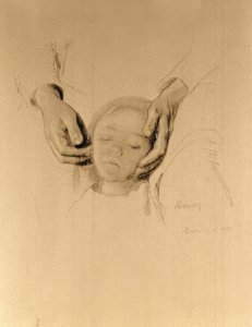 K. Kollwitz, głowa dziecka w dłoniach.