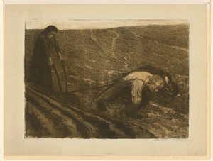 Ciągnący pług i kobieta (odrzucona praca do tablicy 1 z „Wojny chłopskiej”, stan 2.) autorstwa Käthe Kollwitz