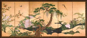 Ptaki i kwiaty wiosny i lata - Eino, Kano (1631-1697) - II poł. - Akwarela i tusz na papierze - 153x361 - Suntory Museum of Art autorstwa Kano Eino