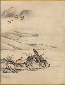 Kwiaty i ptaki w wiosennym krajobrazie, 1500s.