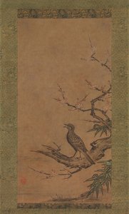 Brown-Eared Bulbul Hiyodori na gałęzi śliwki, połowa do końca XVI wieku.