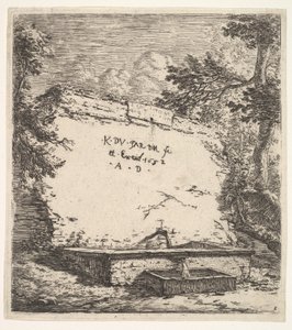Frontyspis ze schodkową fontanną, kamienna ściana z dziobkiem nalewającym wodę do re..., 1652. autorstwa Karel Du Jardin