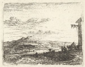 Pejzaż z narożnikiem budynku i markizą po prawej stronie, dwie postacie i koń-..., ca. 1641-78. autorstwa Karel Du Jardin